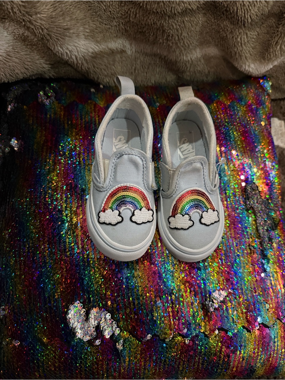 Vans Kids Light Blue Slip-On Sneakers with Rainbow Patch